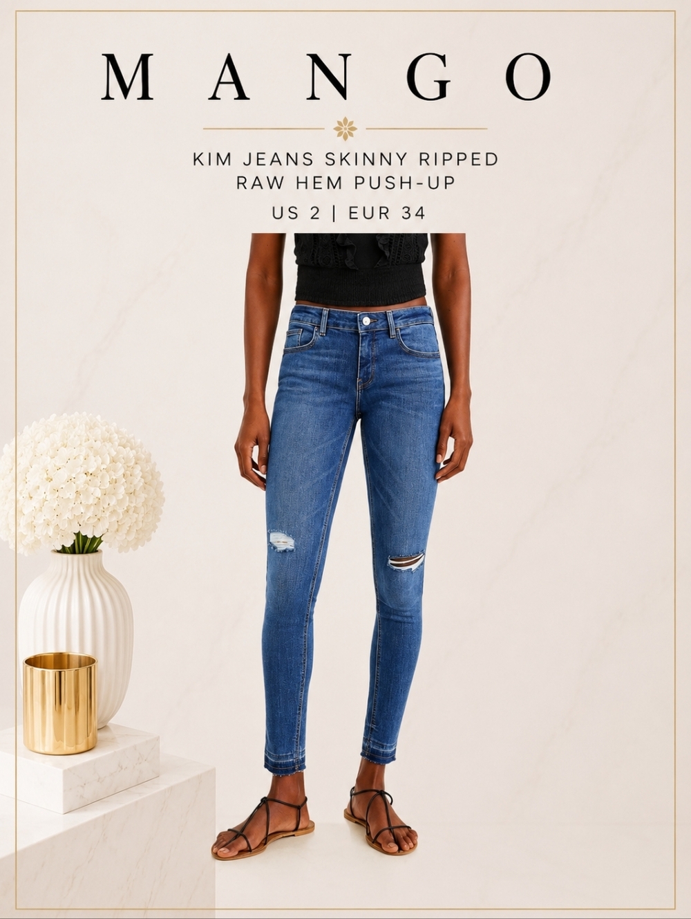 MANGO Kim Jeans Skinny Ripped Raw Hem Push-Up US 2 EUR 34